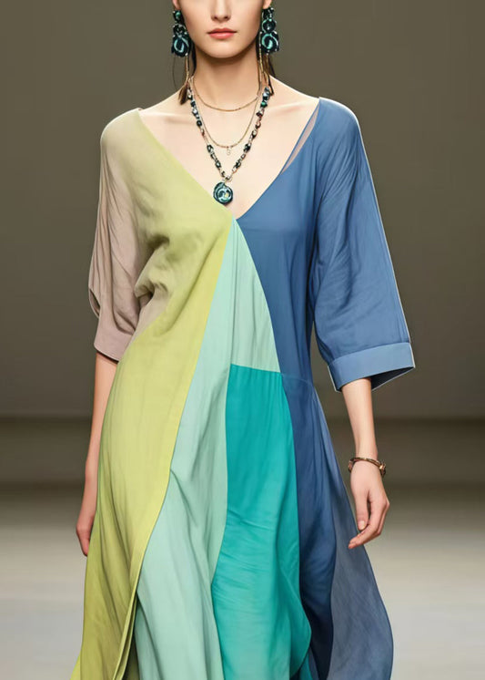 Colorblock Asymmetrical Exra Large Hem Cotton Maxi Dresses Summer