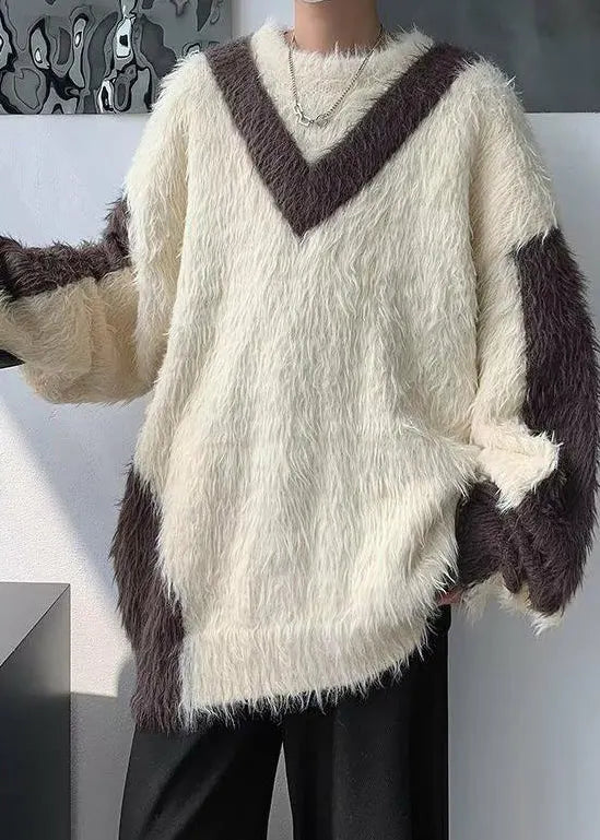 French Beige O-neck Patchwork Mink Velvet Sweater Winter