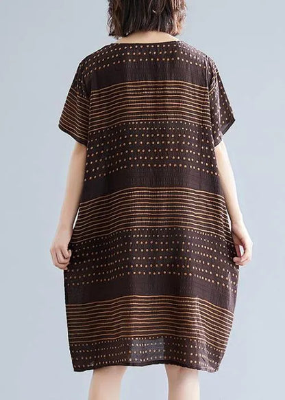 Chocolate Dotted Cotton Tunic Top O Neck Pockets Short Dress