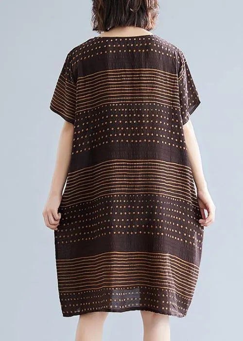 Chocolate Dotted Cotton Tunic Top O Neck Pockets Short Dress