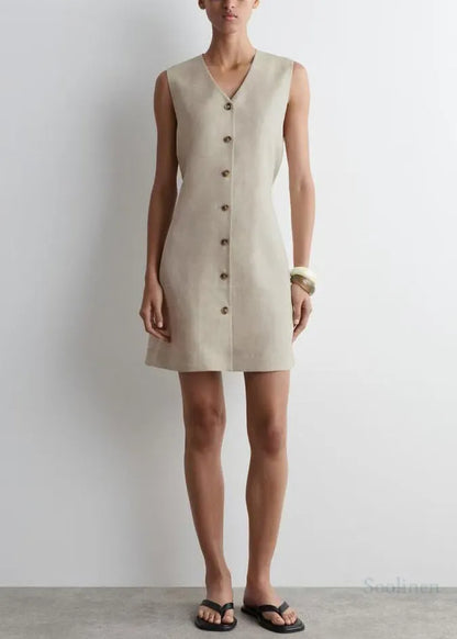 Art V Neck Linen a Line Tea Dress Sleeveless