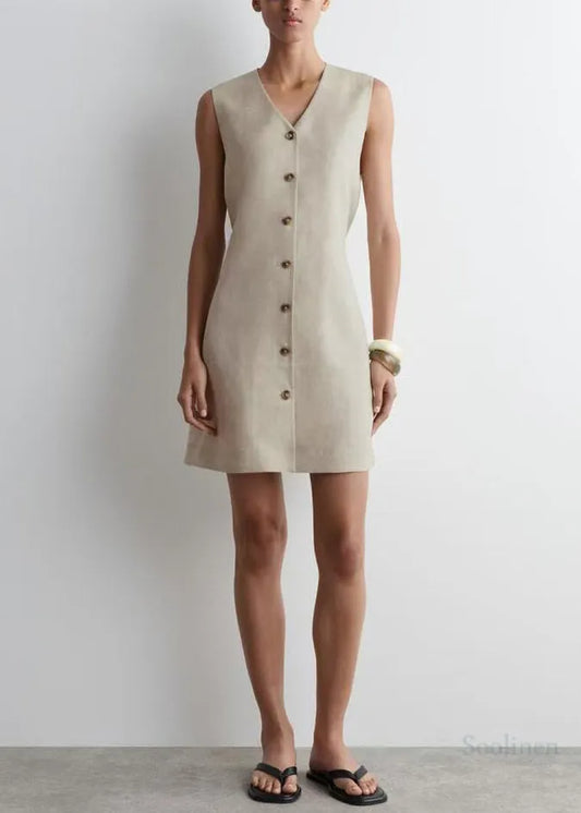 Art V Neck Linen a Line Tea Dress Sleeveless