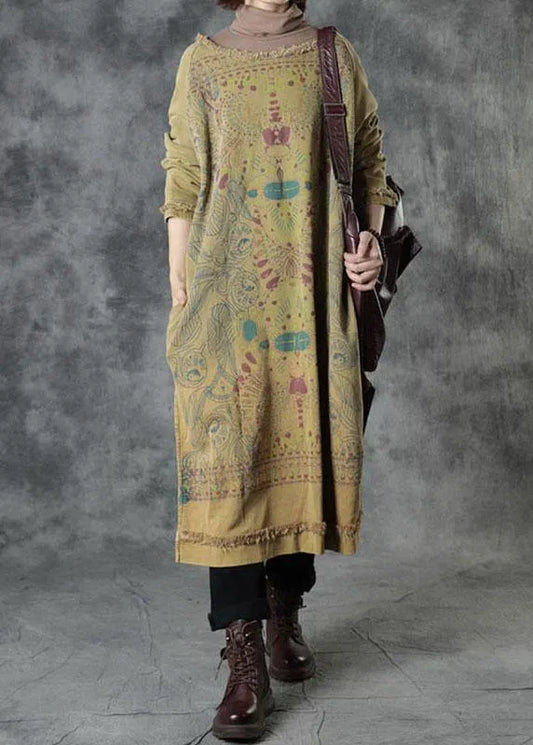 Unique Yellow O-neck Side Open Cotton Fall Dress Street Wear