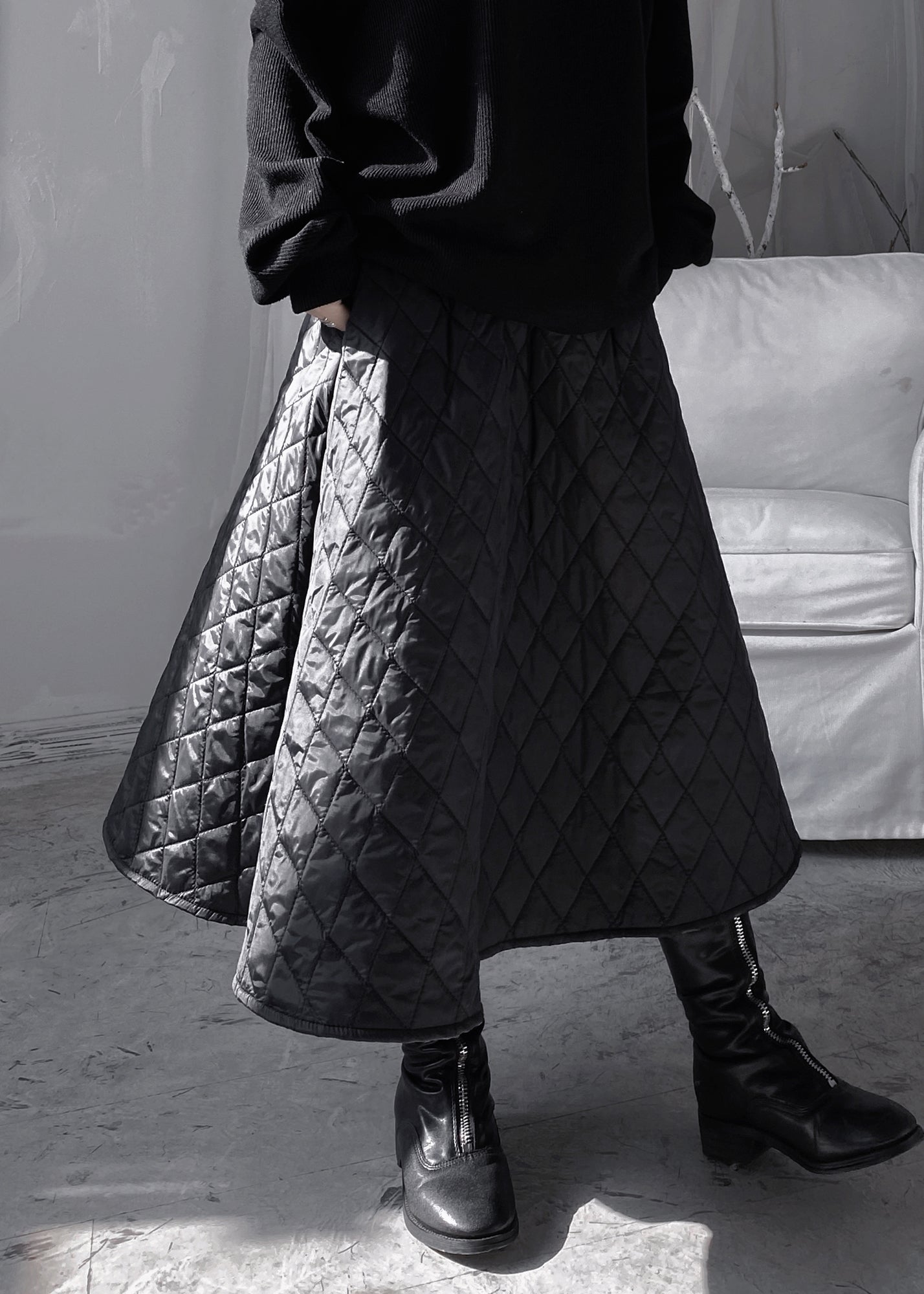 Natural Black Plaid Patchwork Thick a Line Skirts Fall