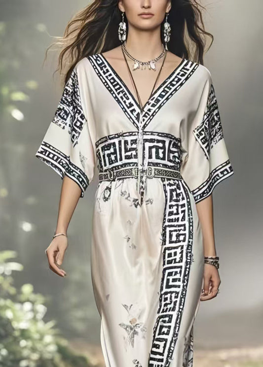 White V Neck Print Silk Vacation Dresses Summer