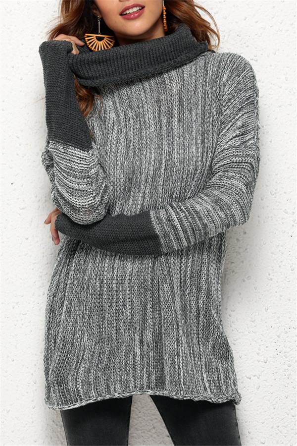 Spliced Turtleneck Loose Pullover Sweater - Black