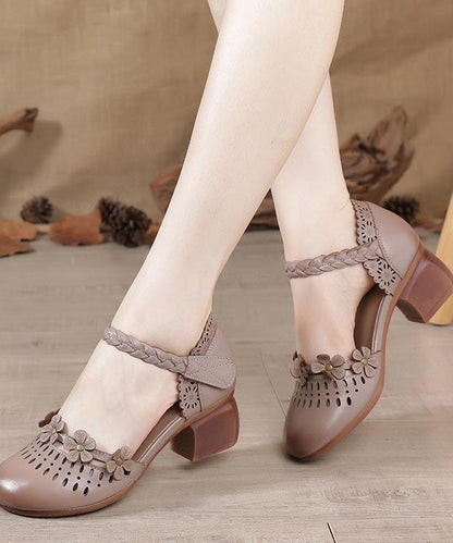 Apricot Cowhide Leather Sandals Hollow Out Buckle Strap