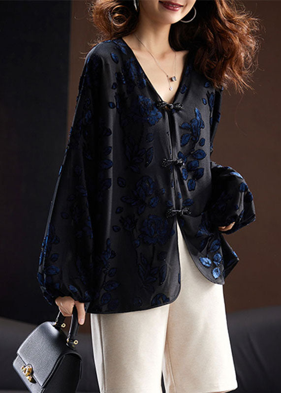 Black V Neck Embroidered Velour Shirt Fall