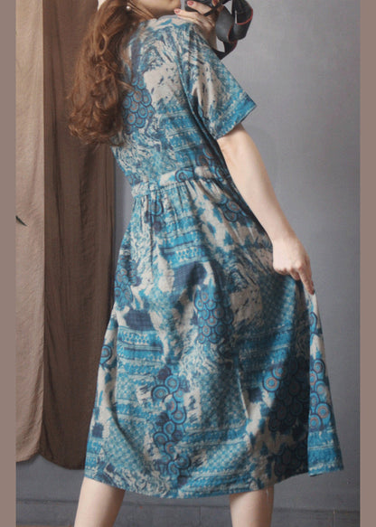 Style Blue O-neck Tie Waist Print Linen Dress Short Sleeve