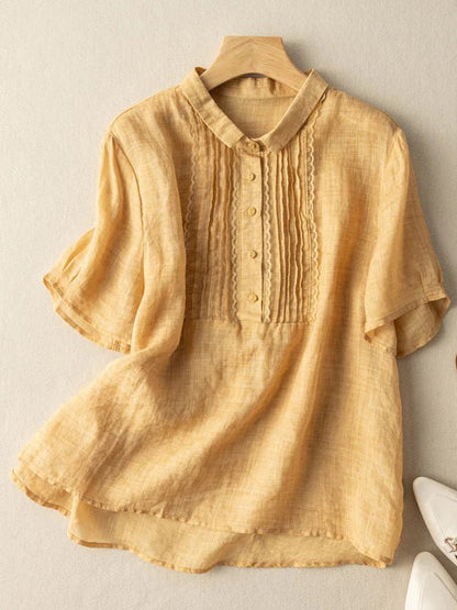 Color Short Sleeve Linen Pleated Top