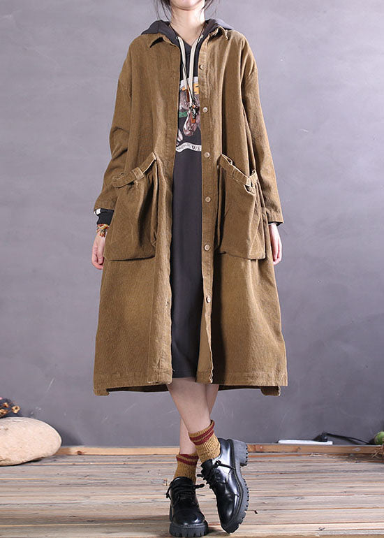 Simple Khaki Button Side Open Corduroy Coats