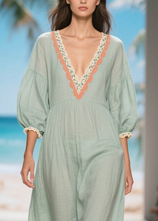 Light Blue V Neck Patchwork Lace Linen Long Dress Summer