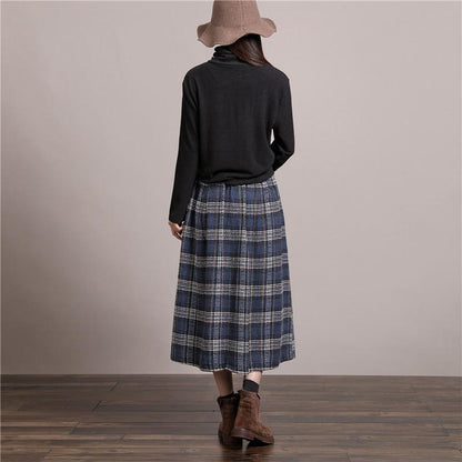 Blue and White Plaid Pleated Loose Skirt
