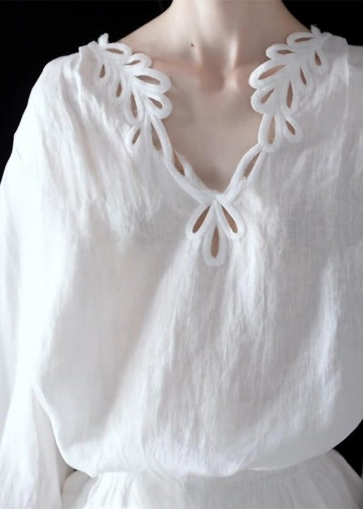 Art White Hollow Out Cotton Blouse Top Fall
