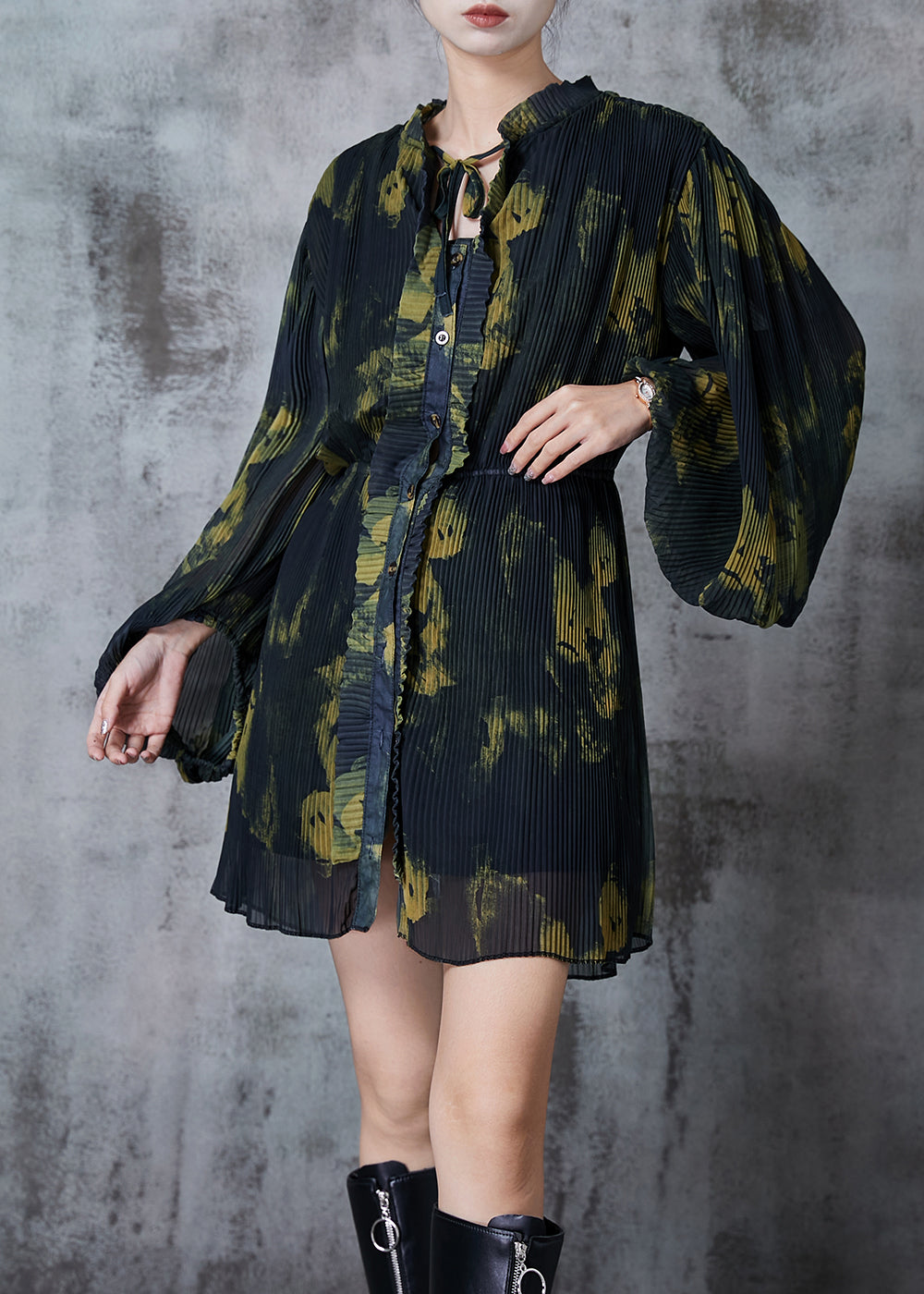 Diy Green Tie Dye Ruffled Chiffon Work Dress Spring