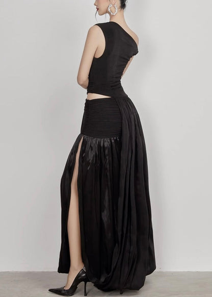 Black Side Open Cotton Long Dress Cold Shoulder Sleeveless