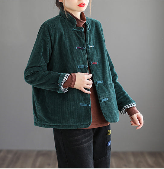 Stand Collar Corduroy Buckle Stripe Thermal Jacket