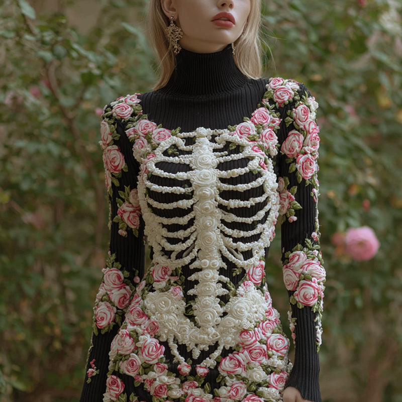 Comstylish Women's Vintage Halloween Skeleton Bones With Rose Art Cozy Knit Mini Sweater Dress