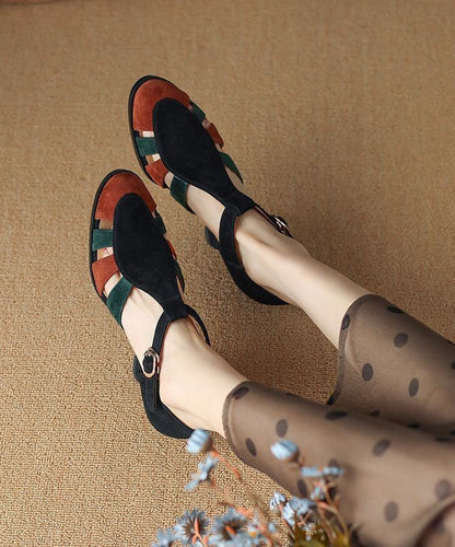 Black Sandals Chunky Heel Suede Splicing Buckle Strap