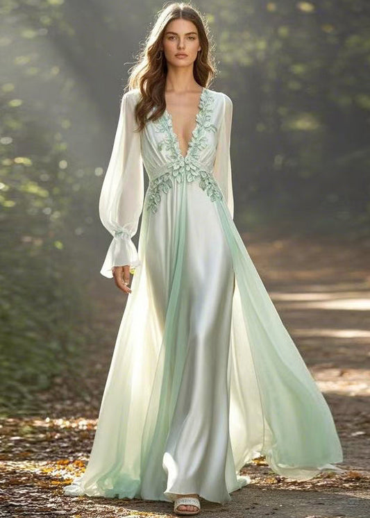 Light Green V Neck Front Open Chiffon Long Dress Spring