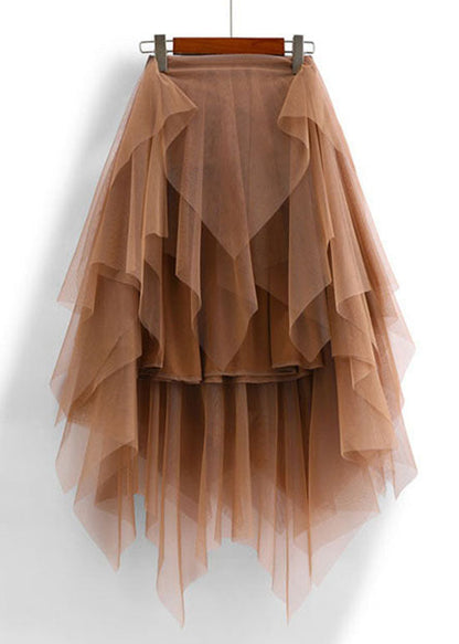 Coffee Asymmetric Design Elastic Waist Tulle Skirts Spring