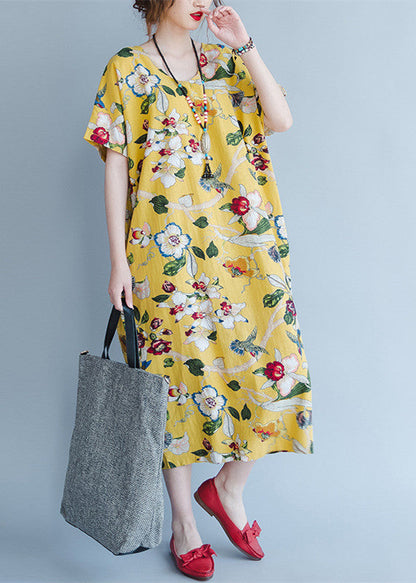 Yellow Midi Linen Dresses Traveling Clothing Back Open Cotton Dresses