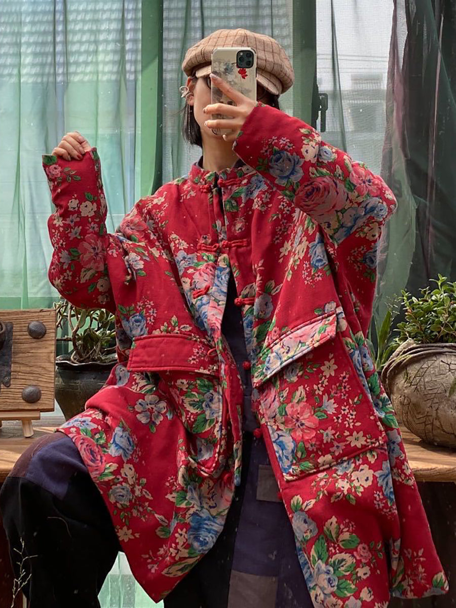 Oversize Pockets Print Cotton Coat