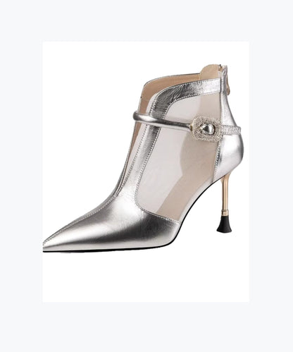 Fashionable and Gold High Heeled Pointed Mesh Boots