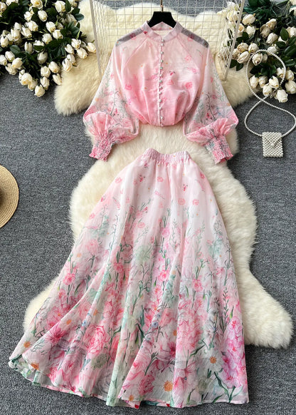 French Colorblock Print Tops and Skirts Chiffon Two Pieces Set Long Sleeve