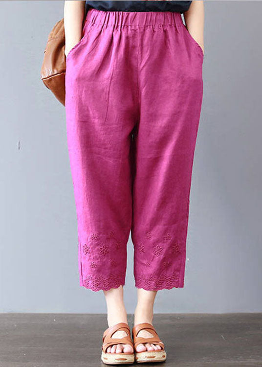 Italian Rose Embroidered Pockets Linen Pants Spring