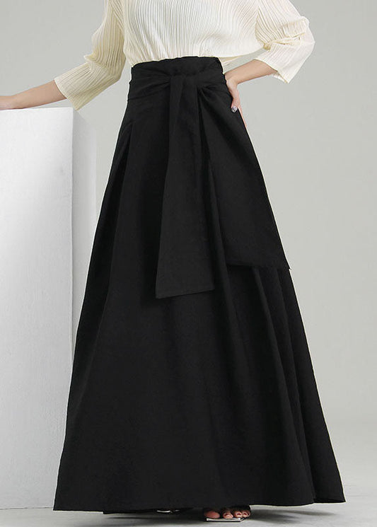 Black Tie Waist Wrinkled Maxi Skirts Spring