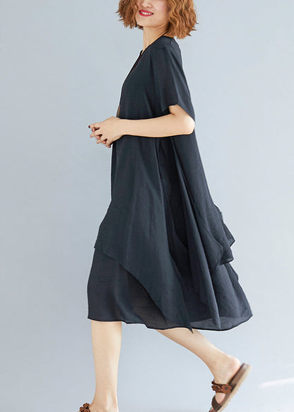 Vivid Black Linen-cotton Tunics for Fabrics O Neck Asymmetric Oversized Summer Dress