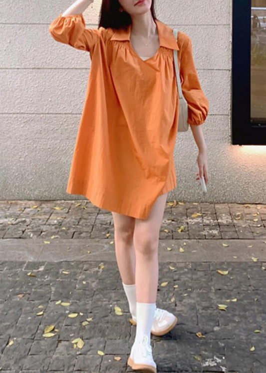 Orange Peter Pan Collar Wrinkled Cotton Shirts Dresses Lantern Sleeve