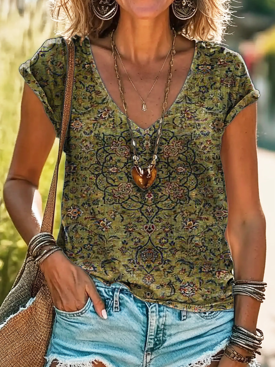 Women's Retro Ethnic Art Pattern Print 100%Cotton V-neck T-Shirt