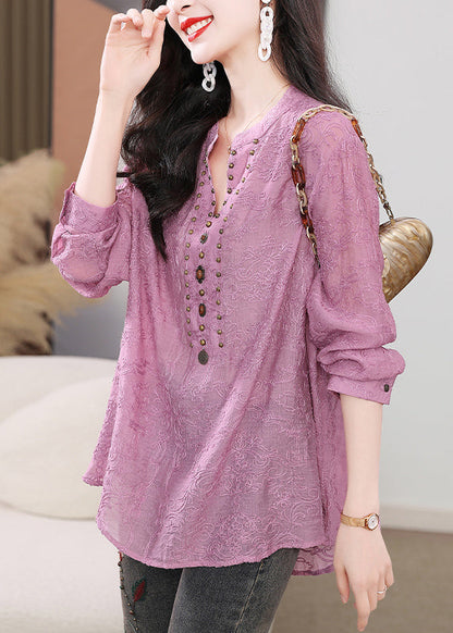 Purple Embroidered Nail Bead Cotton Shirts Long Sleeve