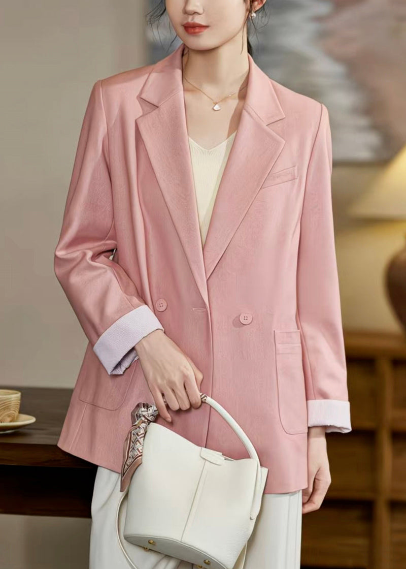 Stylish Pink Notched Double Breast Pockets Spandex Coats Fall