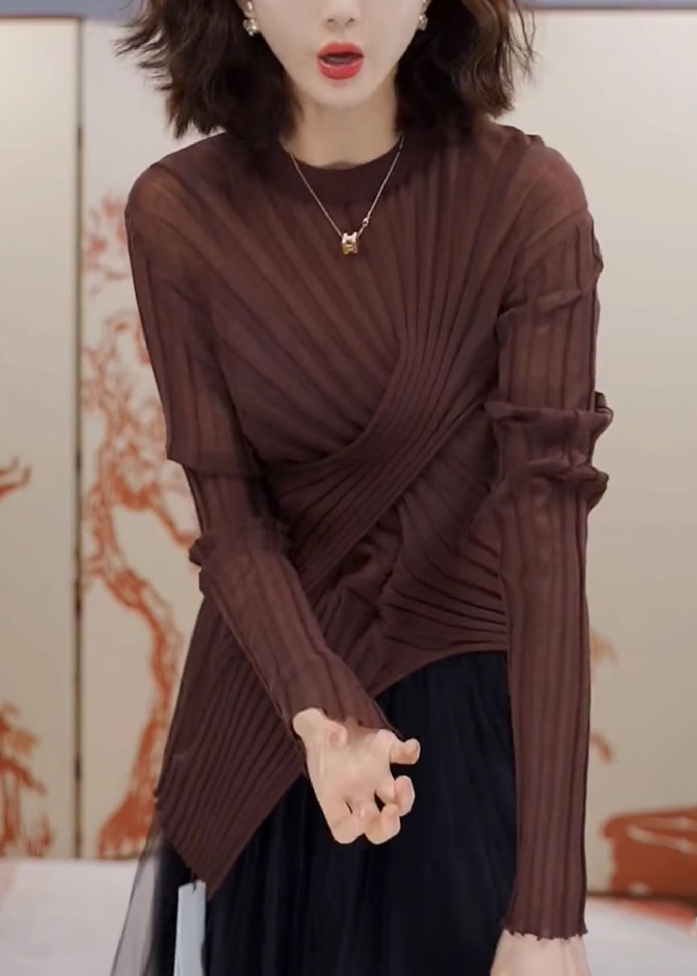 Handmade Coffee O-neck Asymmetrical Wrinkled Tops Spring