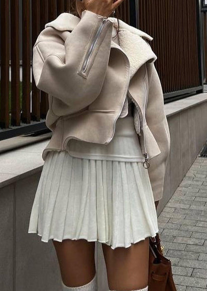 Beige Peter Pan Collar Patchwork Zippered Faux Suede Coat Fall