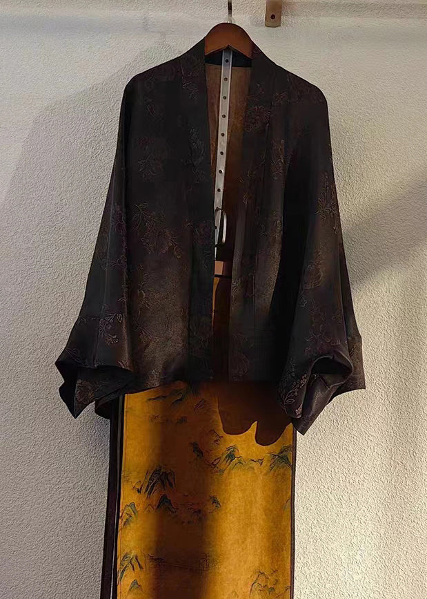 Chinese Style Black Tops and Skirts Patchwork Silk Two Pieces Set Fall