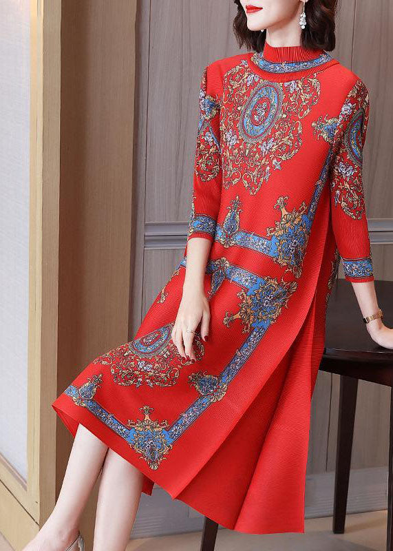 Red Stand Collar Wrinkled Print Silk Long Dresses Vestidos Bracelet Sleeve