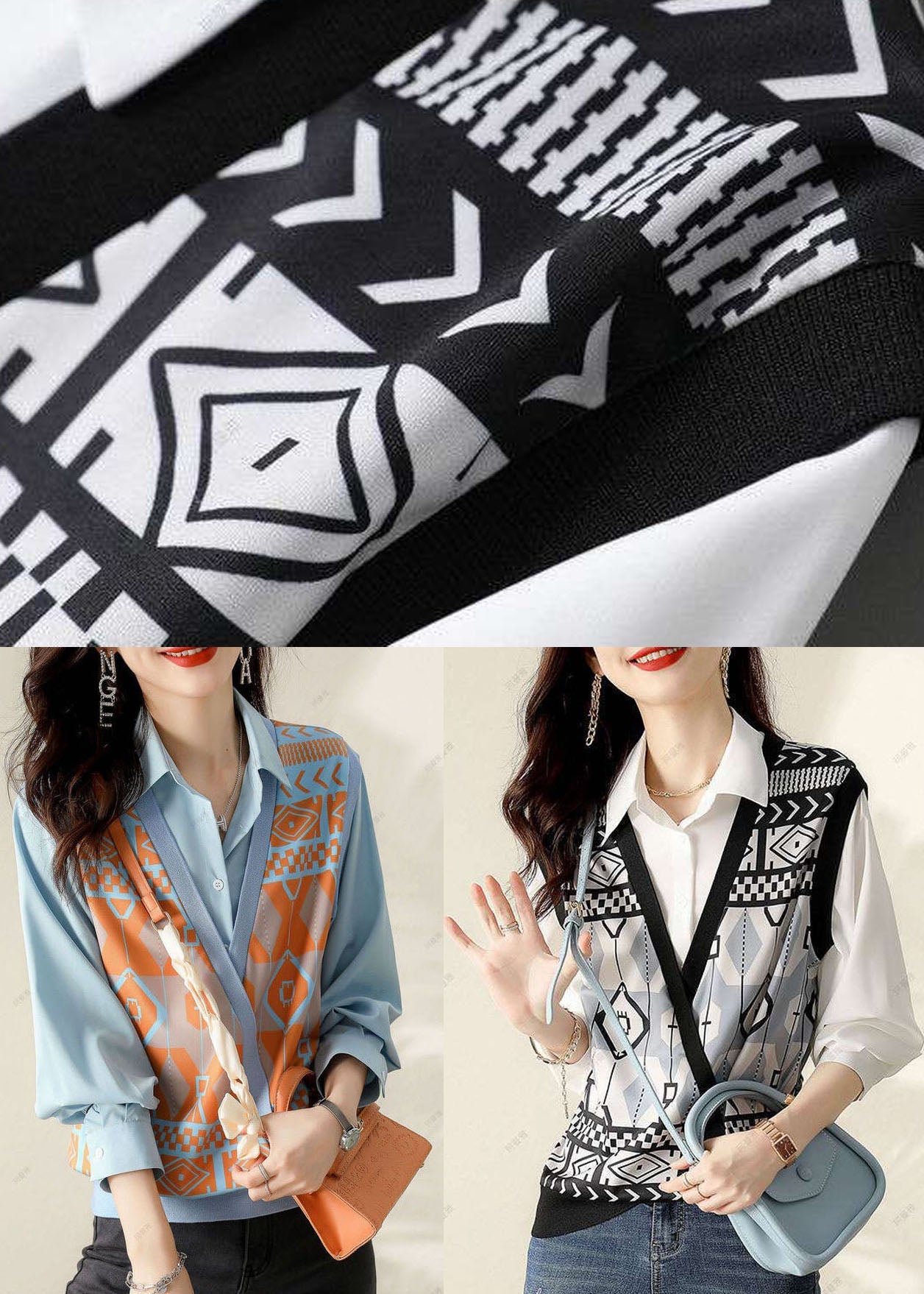 Unique Blue Peterpan Collar Print Vest Tops