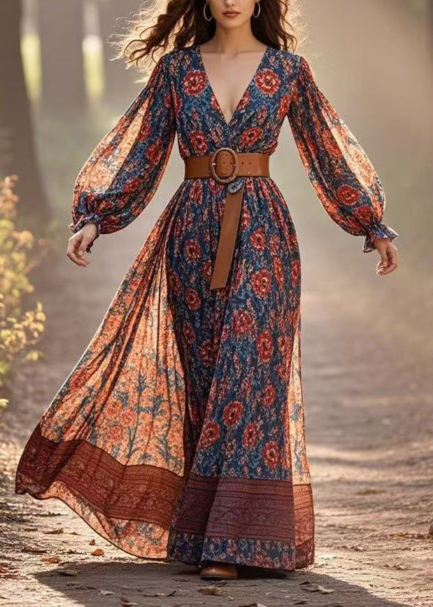 Red Patchwork Tunic Chiffon Long Dress Lantern Sleeve