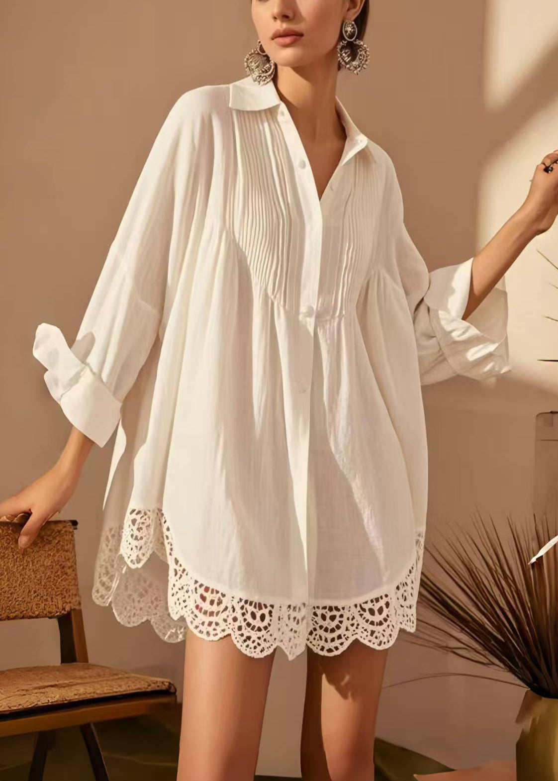 Boutique White Oversized Patchwork Wrinkled Cotton Long Shirt Spring