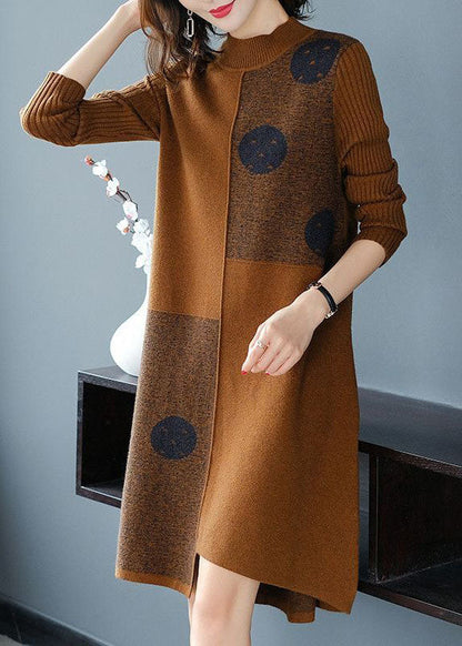 Coffee High Neck Asymmetrical Design Knit Sweater Dress Long Sleeve