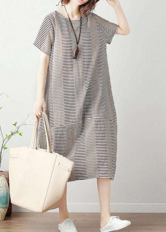 Light Khaki Striped Cotton Tunics for O Neck Patchwork Cotton Summer Dress