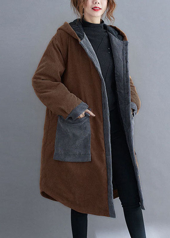 Red Hooded Button Corduroy Winter Cotton Long Coat Sleeve