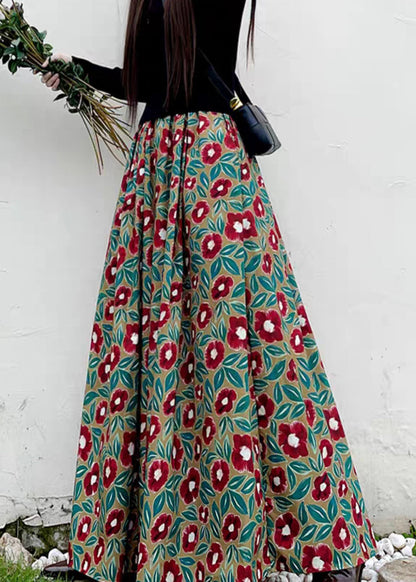 Red Print High Waist Pockets Patchwork Cotton Maxi Skirts Fall