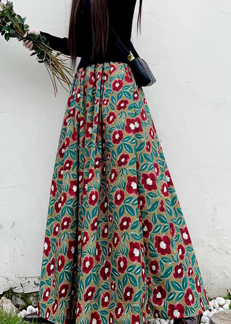 Red Print High Waist Pockets Patchwork Cotton Maxi Skirts Fall