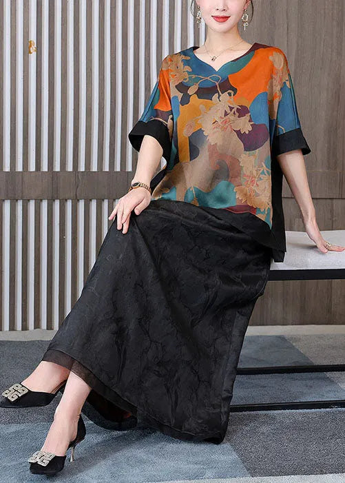 Retro Blue Print V Neck Patchwork Silk Tops and Skirts Two Pieces Set Summer