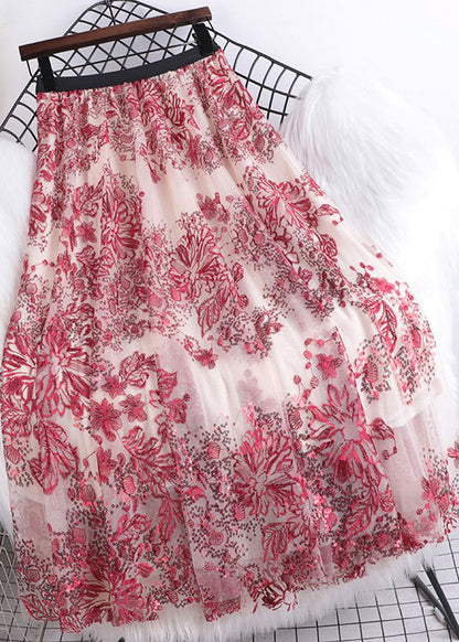 Vogue Red Sequins Embroideried High Waist Tulle Skirt Summer